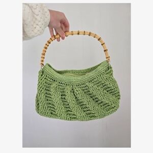 Green Knit Handbag with Bamboo Handle